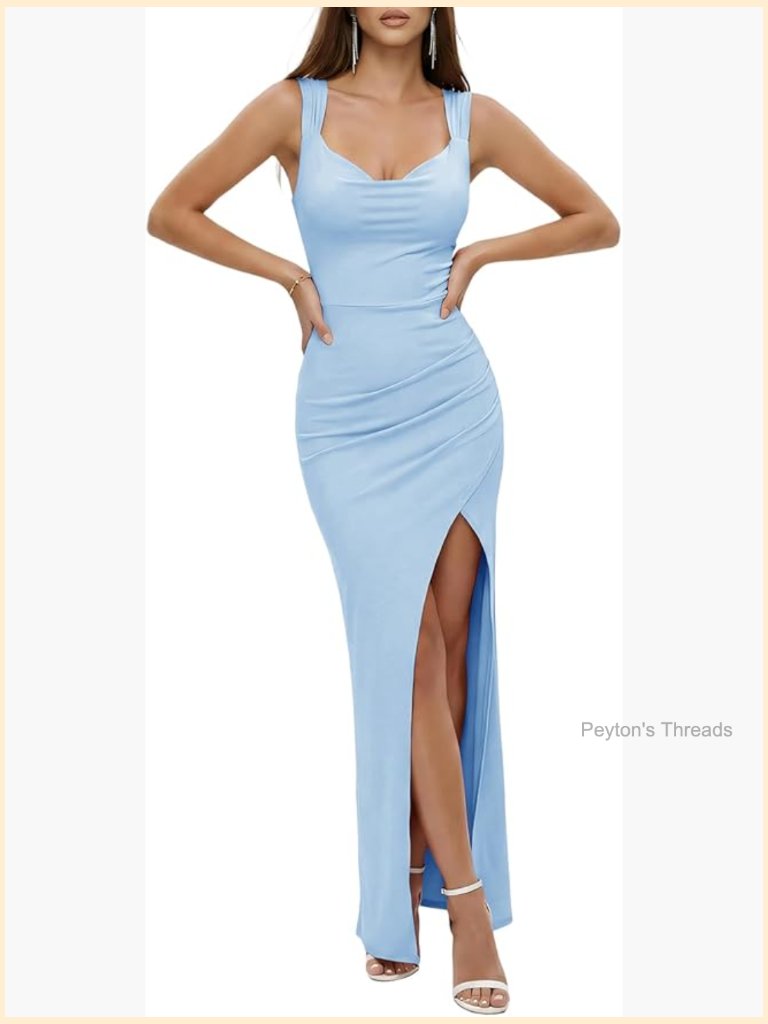 Ruched Cowl Neck Open Back Tie High Slit Elegant Bodycon Maxi Dress For Party